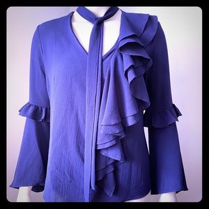 Navy Blue Long Sleeves Ruffled Blouse